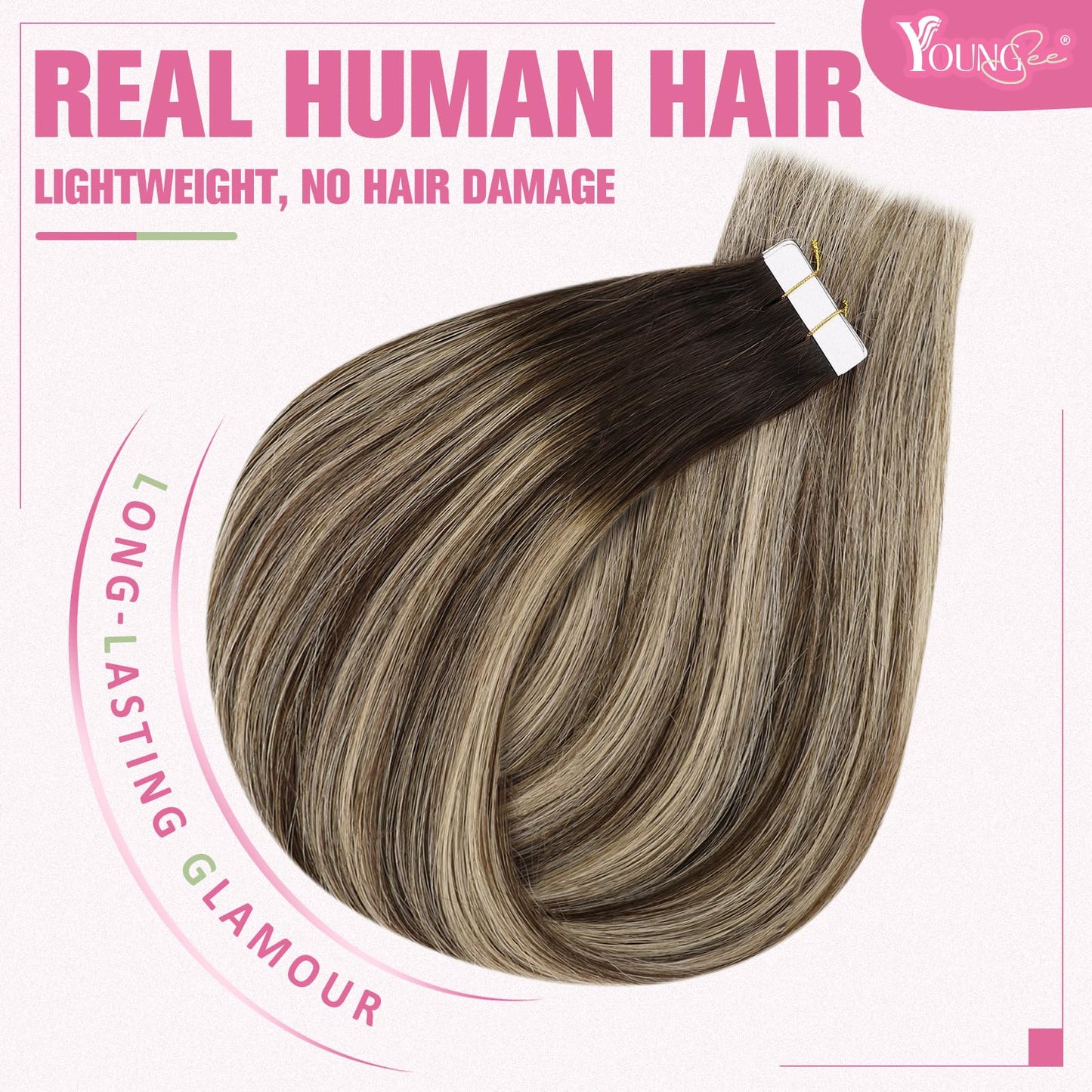 YoungSee Tape in Human Hair Extensions Balayage Ombre Dark Brown to Ash Blonde 14 Inch 20pcs 50g Remy Reusable Tape-in Extension