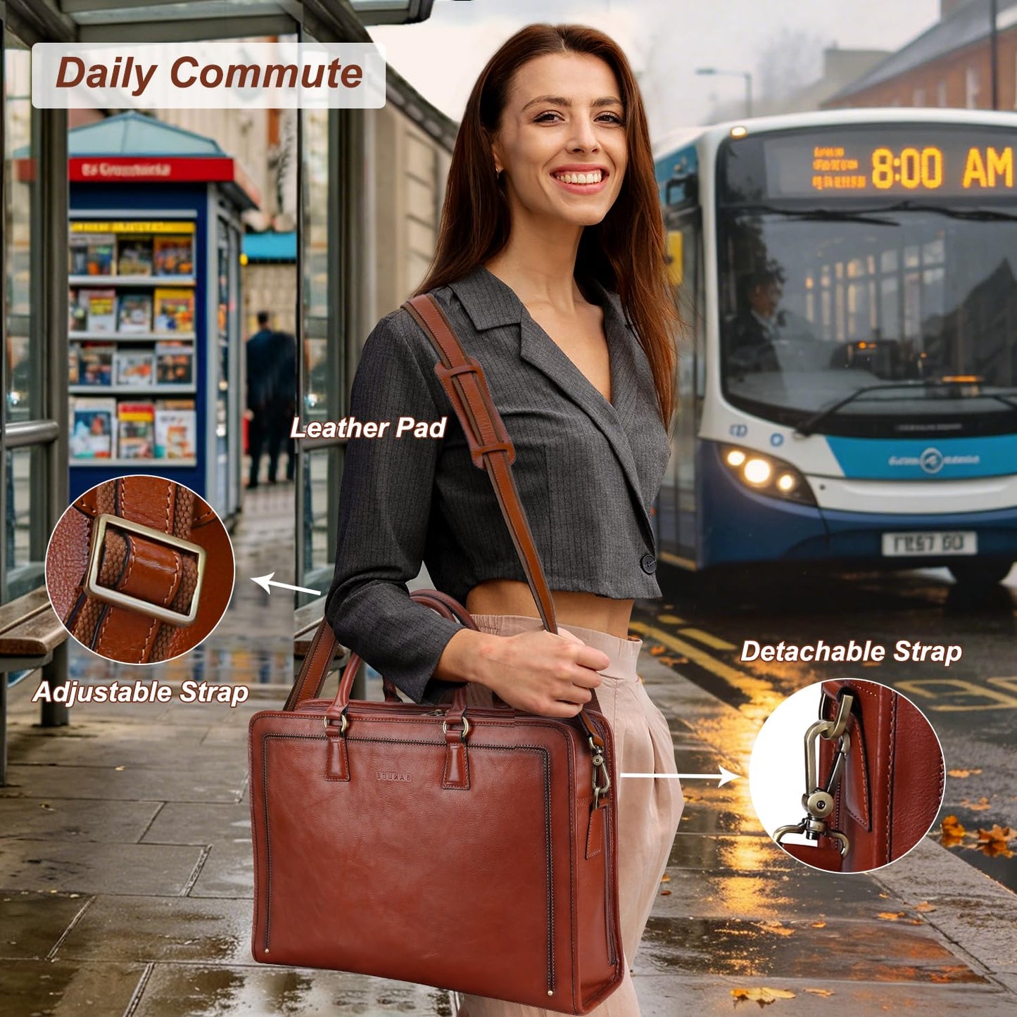 Banuce Premium Italian Full Grain Leather Briefcase for Women 15.6 Inch Laptop Bag Office Work Business Travel with Luggage Strap and Detachable Shoulder Strap Brown