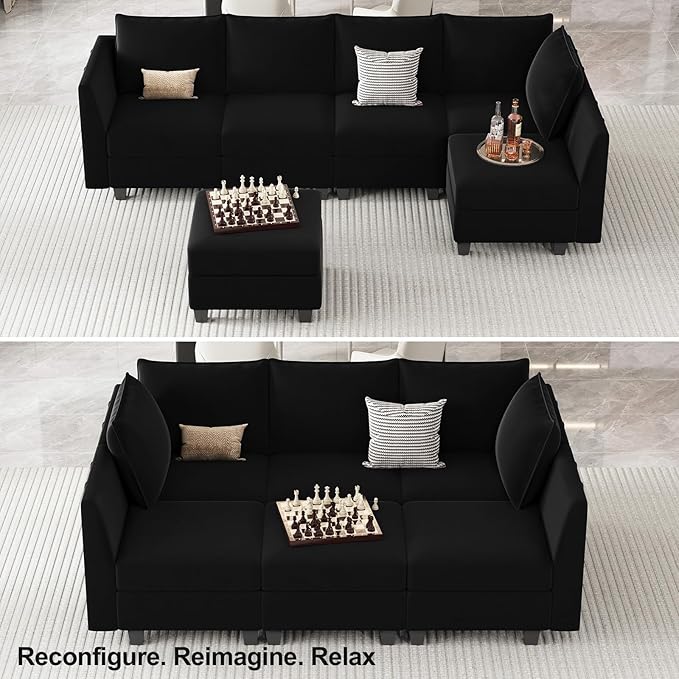 Belffin Modular Sectional Sofa Sleeper Couch with Storage Velvet Sectional Sofa Bed, 6 Seats, Black