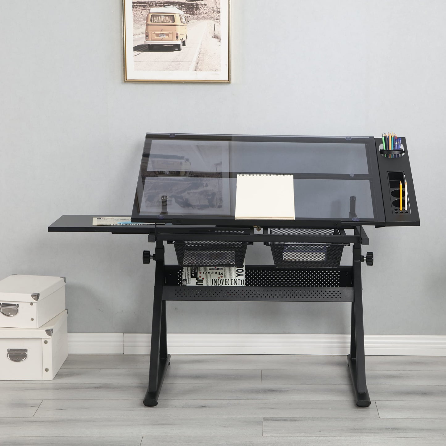 Acosure Tempered Glass Drafting Printing Table with Chair and Two Drawers,Desk W/Tilted Tabletop & Adjustable Legs,for Home,Office,School,Easy to Assemble,Black