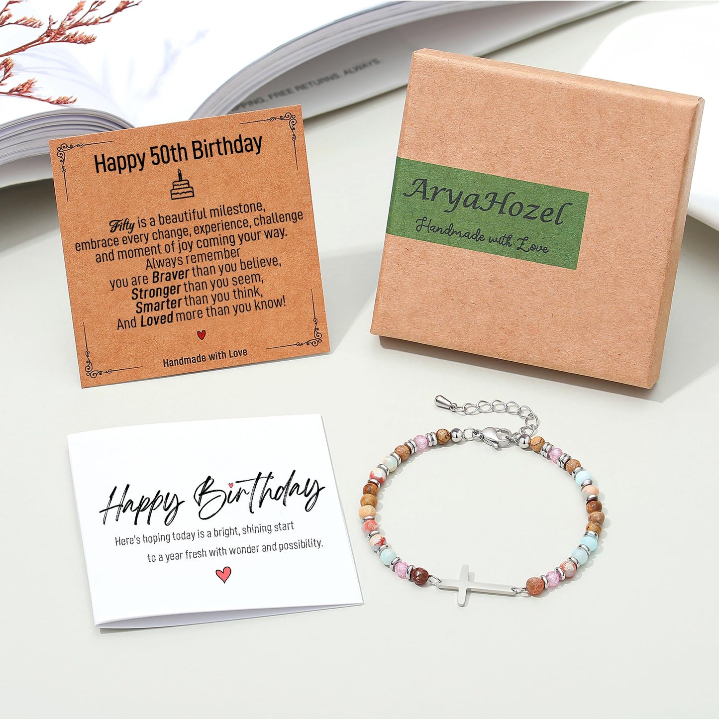 AryaHozel 50th Birthday Gifts for Her, Bead Cross Bracelet for Women Jewelry, 50th Birthday Decorations Women Unique 50 Year Old Bday Gift Ideas for Best Friend, Sister, Wife, Mom, Daughter, Female