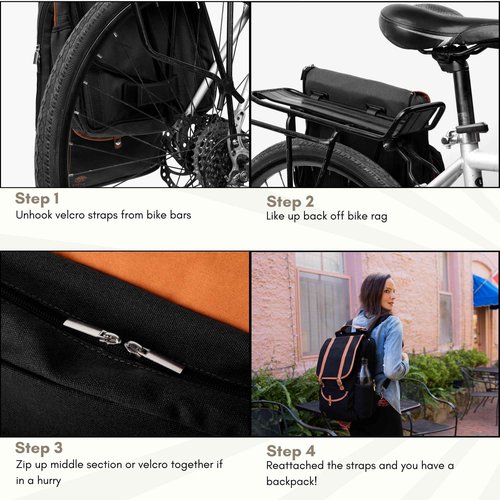 Double Bike Pannier Backpack Laptop Bag 17.3L – Convertible Panniers for Bicycles, Water-Resistant Canvas Commuter, Rear Bike Rack Bags for Laptops, Gift for Bicycle Lovers (Black)