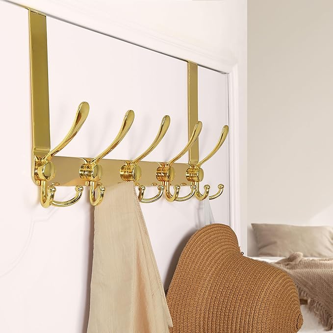 Dseap Over The Door Hook Hanger - 5 Tri Hooks, Heavy Duty Over The Door Towel Rack Coat Rack for Clothes Hat Towel,Gold