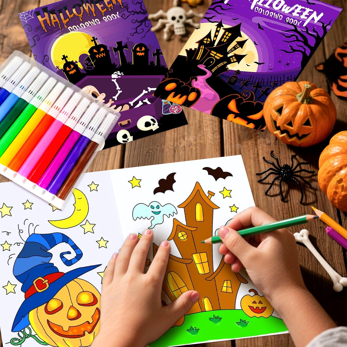 Mini Coloring Books with 9pcs Paint Pens Kids Halloween Books for Children Mini Ghost Pumpkin Coloring Booklet Party Bag Fillers