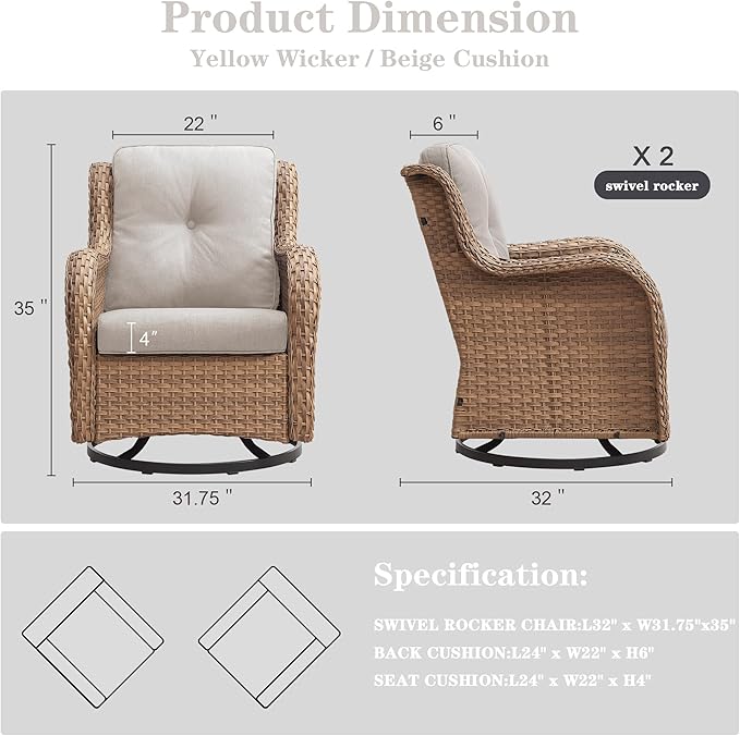 Belord Outdoor Swivel Rocker Patio Chairs - 360 Degree Swivel Glider Seating 350LBS Weight Capacity Wicker Rocking Chairs Set of 2 with Removable Cushion for Porch Balcony Deck, Yellow/Beige