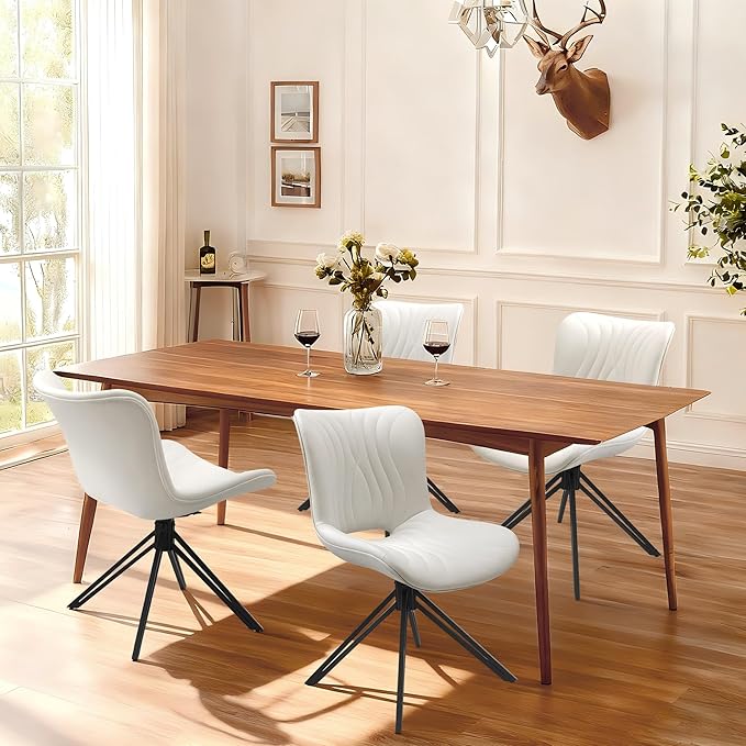 VATROS Dining Chairs Set of 4, 360° Swivel Upholstered Mid-Century Modern Kitchen Dining Room Chairs, Armless Faux Leather Accent Side Chair with Padded Back, Metal Legs for Living Room Bedrooms White
