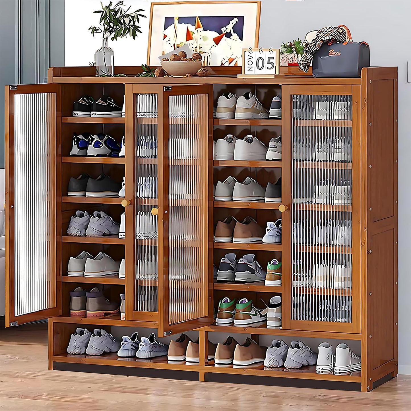 sasygfi 8 Tier Bamboo Shoe Cabinet, Shoe Storage Cabinet with Doors, Large Shoe Organizer with Shelves, Shoe Rack Organizer for Entryway, Hallway, Closet, Living Room (Brown)