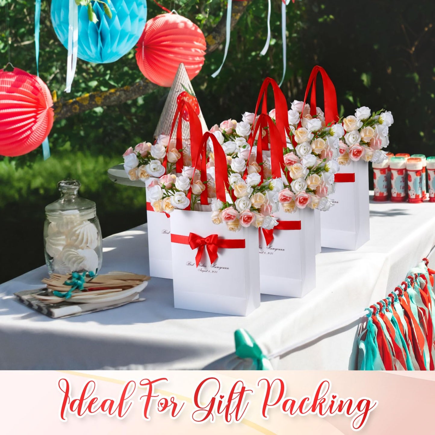 Humyoun 12 Pack White Gift Bags with Bow Ribbon 9 x 7 x 3.15'' Thank You Gift Bags Bulk with Handles for Wedding Bridal Baby Shower Birthday Housewarming Party Favor Holiday