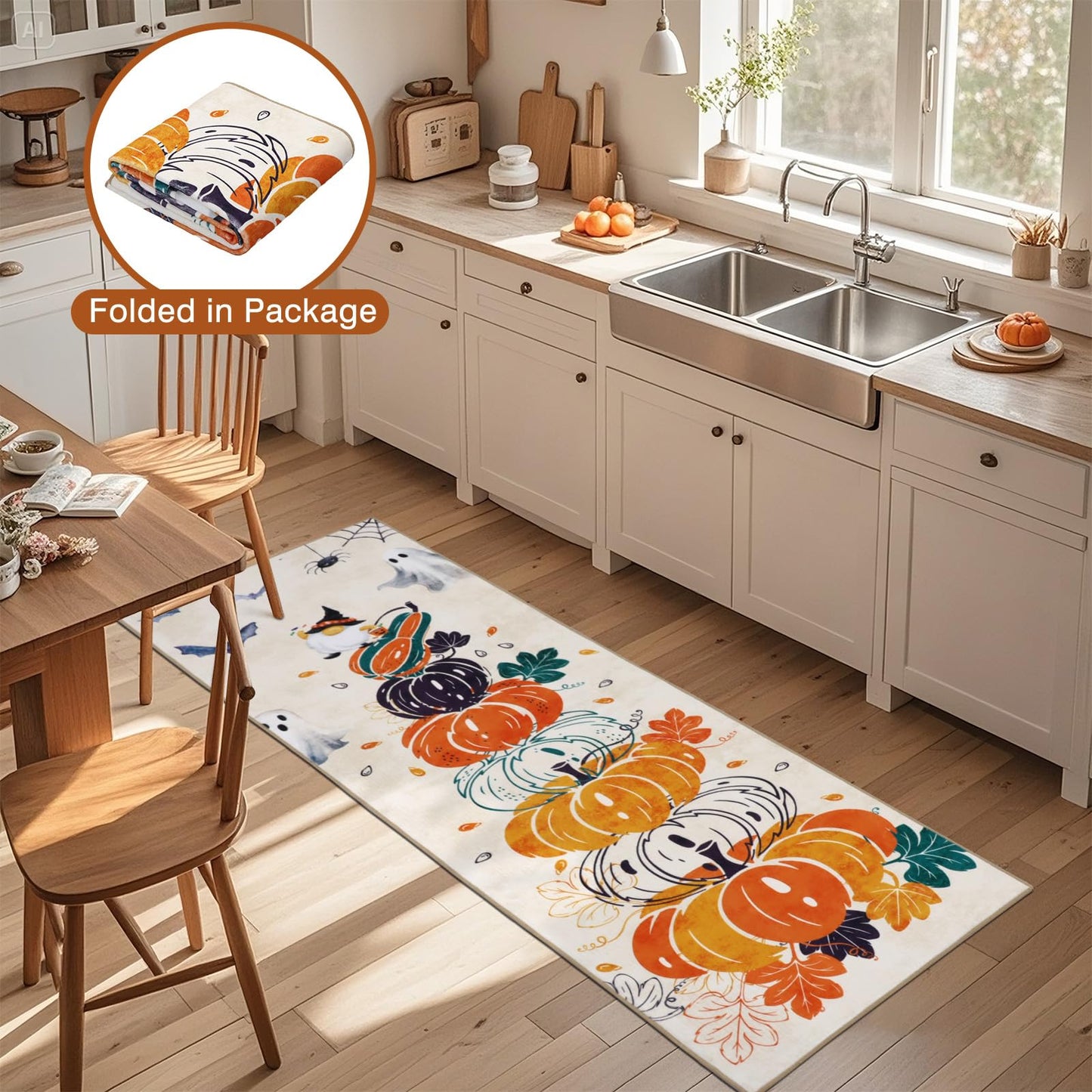 Geanlod Pumpkin Fall Runner Rugs for Hallway 2x6Ft Non Slip, Autumn Halloween Washable Kitchen Rug Runners, Beige Low Pile Bedroom Floor Carpets for Entryway Laundry Bathroom Living Room Holiday Decor