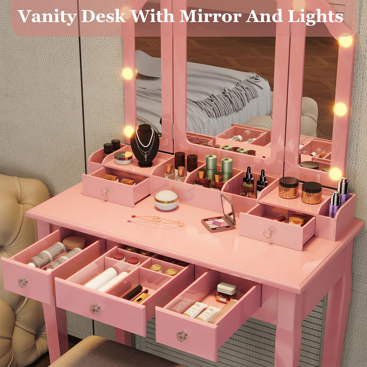 Phonrida Pink Makeup Vanity for Girls Vanity Desk with Mirror and Lights Girls Vanity Desk Vanity with Lights Make Up Vanity Set tocadores para maquillarse con Luces y cajones Vanity Table Set