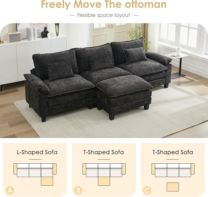 URRED Cloud Couch Modular Sectional Sofa, 122'' Modern L Shaped Deep Seat Sofa with Ottoman & Pillows, Ultra Comfy Chenille Couches for Living Room, Bedroom or Apartment, Black