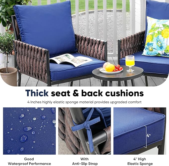 SunloungeCo Patio Furniture Set, 5-Piece Wider Outdoor Metal Seating Sofa with High Back & Lovsest, Coffee Ta ble, All Weather Rattan Conversation for Garden,Backyard, Poolside-Navy