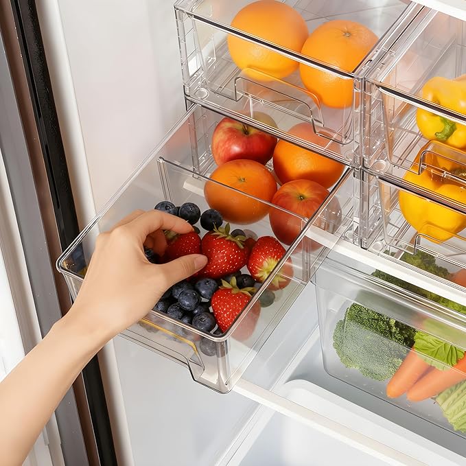 2 Pack Stackable Storage Drawers,Plastic Organizers Bins, Drawers Storage with Handles and Movable Dividers for Organization and Storage in Fridge,Dressers, Pantry, Kitchen Cabinets, Under Sink