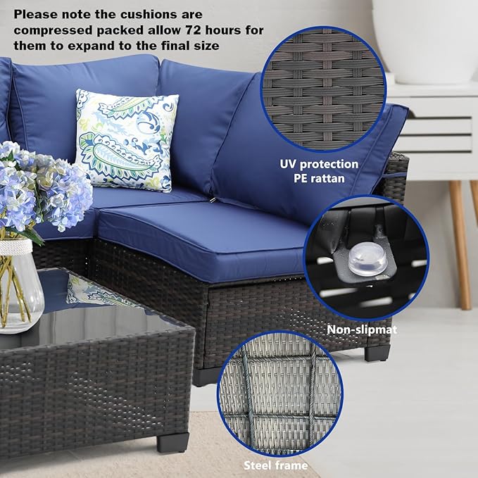 3D MATRIX 8 Pieces Patio Furniture Set with 28" Fire Pit Table, Wicker Outdoor Sectional Couch, Rattan Conversation Set for Backyard, Deck, Garden Lawn, Brown/Blue
