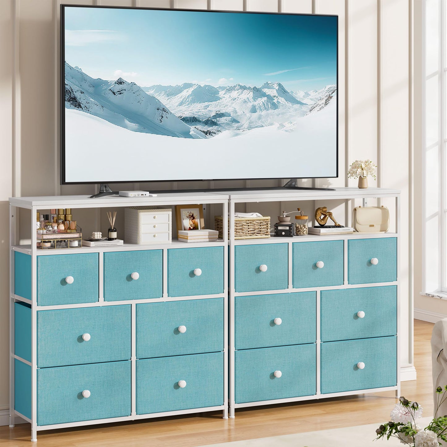 Dresser for Bedroom with 7 Drawers, Purple Dressers & Chests of Drawers, Dresser for Clothes Storage with Wooden Top and Metal Frame, Entertainment Center, Green