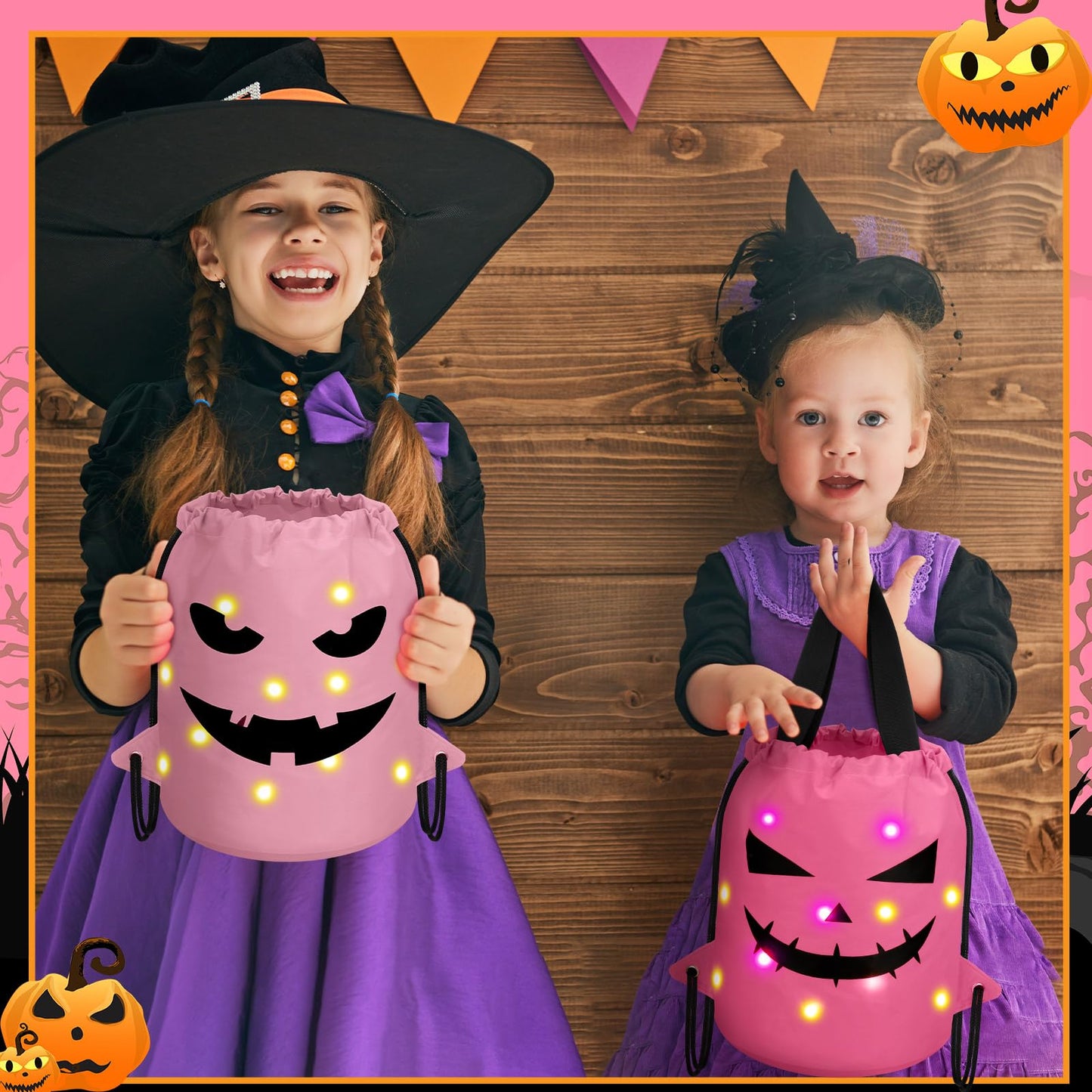 Talltalk 3 Pcs Halloween Light up Bucket LED Treat Drawstring Bags Multipurpose Reusable Pumpkin Candy Goodies Bucket for Kids Halloween Supplies Favors(White, Pink, Dark Pink)