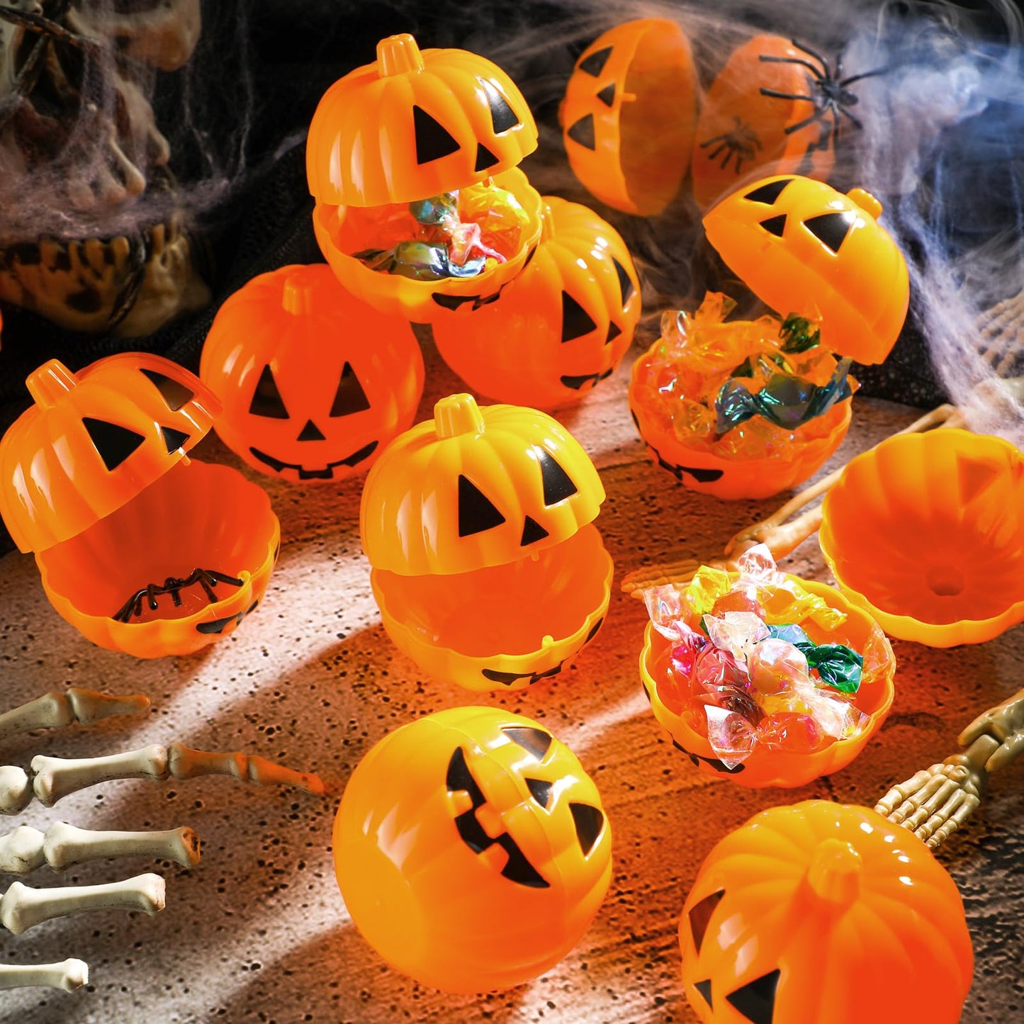Lallisa 120 Pcs Halloween Pumpkin Containers Plastic Storage Box Case Bulk, Mini Pumpkin Egg Candy Gift Bucket for Halloween Trick Treat Decoration Party Supplies(Orange)