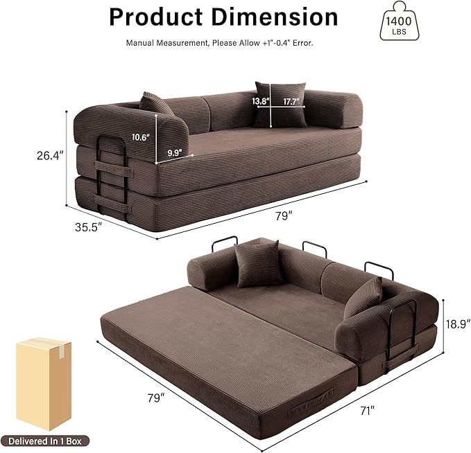 79" 5-in-1 Folding Convertible Sofa Bed, Oversized Corduroy Futon Floor Couch with Pull-Out Sleeper, Modular Boneless Loveseat for Small Spaces, Living Room, Bedroom (Brown)