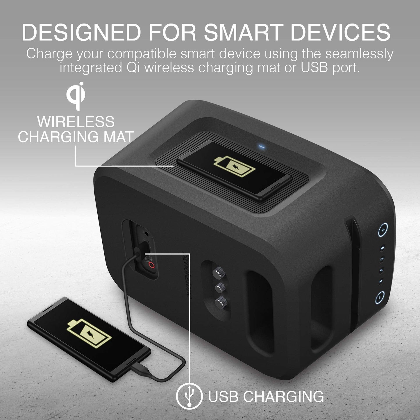 Brookstone Bluetooth Speakers, IPX5 Waterproof Outdoor Speaker, Portable Bluetooth Speaker with LED Light Show, 60 Watt RMS Speaker, Wireless Charging Pad for Smartphone, Connect Multiple Speakers