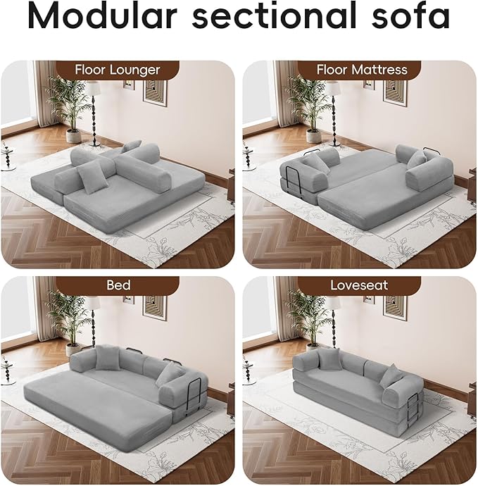 ZQRhome 79" 5-in-1 Convertible Sofa Bed, Deluxe Sleeper with Pillows & Sturdy Base, Easy Setup Corduroy Couch for Modern Living Space & Small Apartment, Light Gray