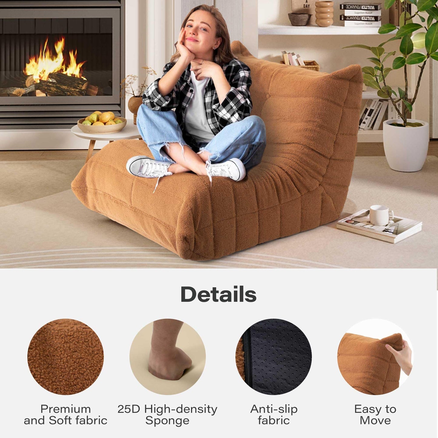 LAUSAINT HOME Bean Bag Chair for Adults Memory Foam Giant Bean Bag Chair with Ergonomic Design, Bean Bag Couch Chenille Fabric for Living Room and Bedroom, No Assembly Required (Brown)
