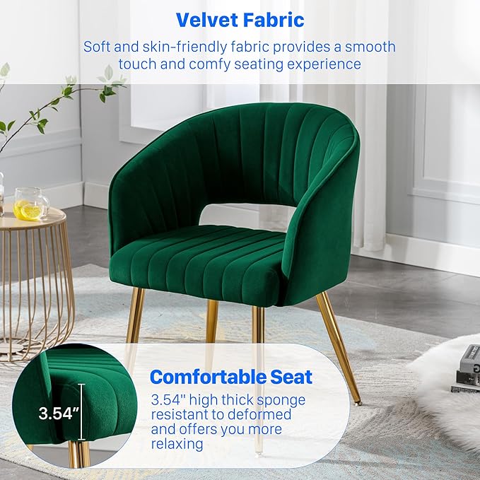 KCC Modern Velvet Desk Chair Accent Armchair Upholstered Tufted Chairs Dining Chairs, Tufted Vanity Chairs Side Chairs with Gold Metal Legs for Dinging Room Living Room Restaurant, 1 PC & Green