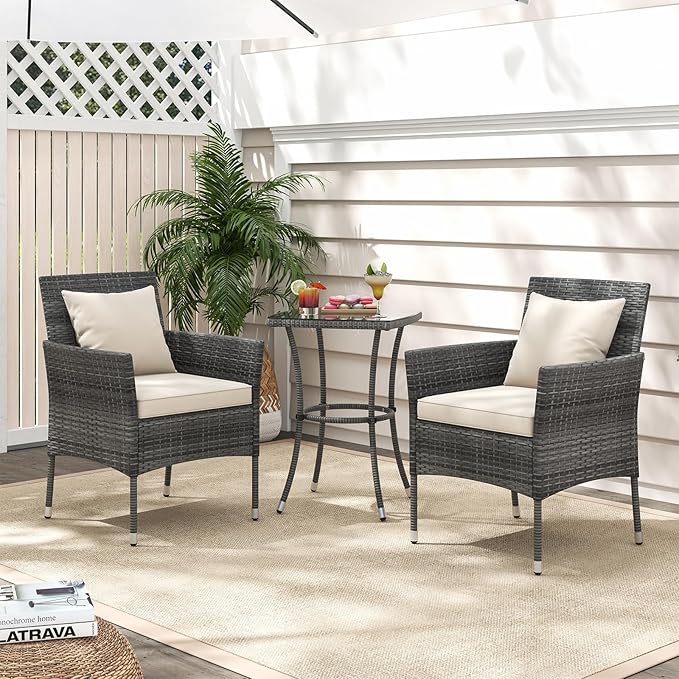 KOTEK 3 Pieces Patio Furniture Set, PE Rattan Outdoor Conversation Set with Tempered Glass Table & Soft Cushions, Wicker Bistro Set for Garden, Porch, Balcony (Off White)