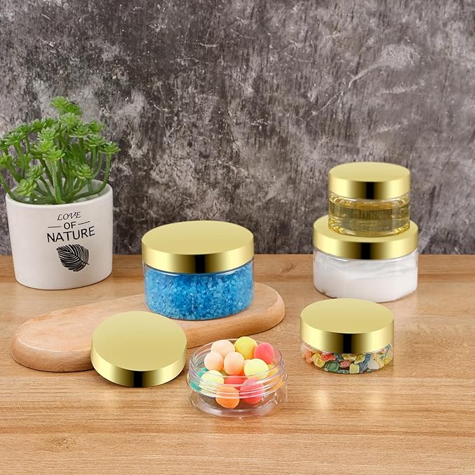 36 Pack 2 Oz Plastic Containers with Gold Lids,Small Clear Empty BPA Free and Refillable Cosmetic Jars Travel Containers for Creams, Lotion, Bath Salts, Sugar Scrub, Slime, Lip Scrub, Makeup