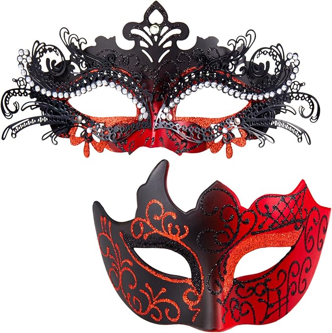 MYSEUNI 2025 Masquerade Masks for Couples, Shiny Rhinestone Metal Filigree Venetian Mask & Mens Venetian Mask for Mardi Gras