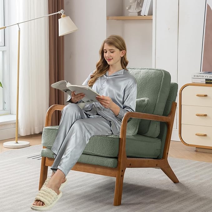 Mid-Century Accent Chair Set of 2, Sherpa Fabric Lounge Chair with Wide Armrest,13-16.5'' Low Seat Height Armchair with Lumbar Pillow & Solid Wood Frame for Living Room, Bedroom, Balcony(Mint Green)