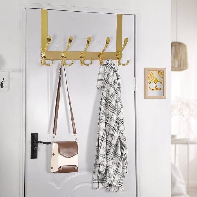 Dseap Over The Door Hook Hanger - 5 Tri Hooks, Heavy Duty Over The Door Towel Rack Coat Rack for Clothes Hat Towel, Gold, 2 Packs