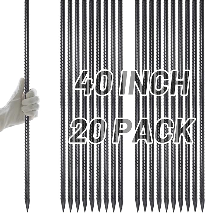 AAGUT Rebar Stakes 40 Inch 20 Pcs, Heavy Duty 1/2" Landscpe Timber Spikes Concrete Forming Stakes Straight Metal Garden Plant Stakes Anti Rust Black Coating