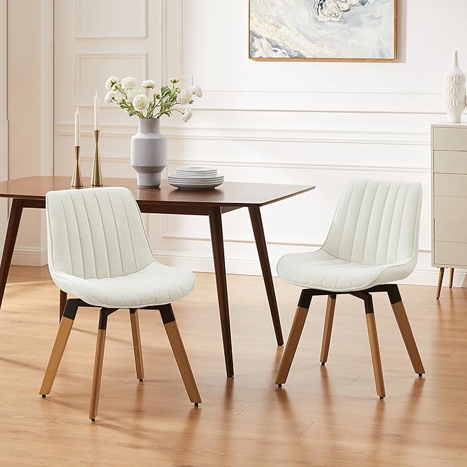 Art Leon Dining Chairs Set of 4, Mid Century Modern Swivel Dining Room Chairs, Fabric Upholstered Armless Side Chairs with Wood Legs for Kitchen Living Room Bedroom, Off White