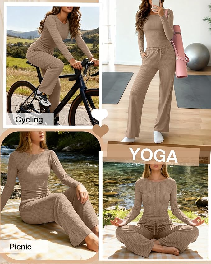 Evervibe Women's 2 Piece Lounge Set Long Sleeve Crew Neck Top Drawstring Wide Leg Pants Casual Tracksuit Matching Set