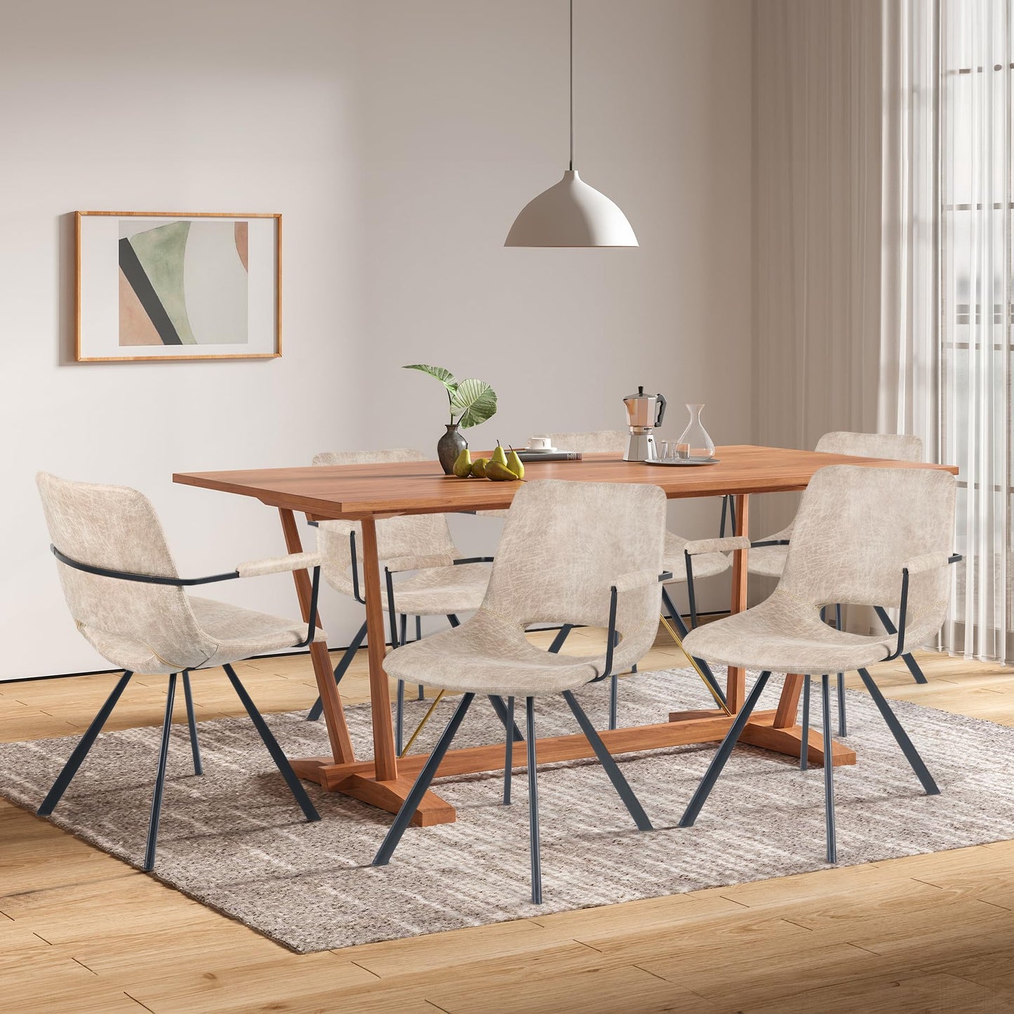 Aivermeil Beige Leather Dining Chairs Set of 2, Mid-Century Modern Dining Room Chair with Soft Cushions, Kitchen Chairs with Metal Legs for Kitchen, Living Room