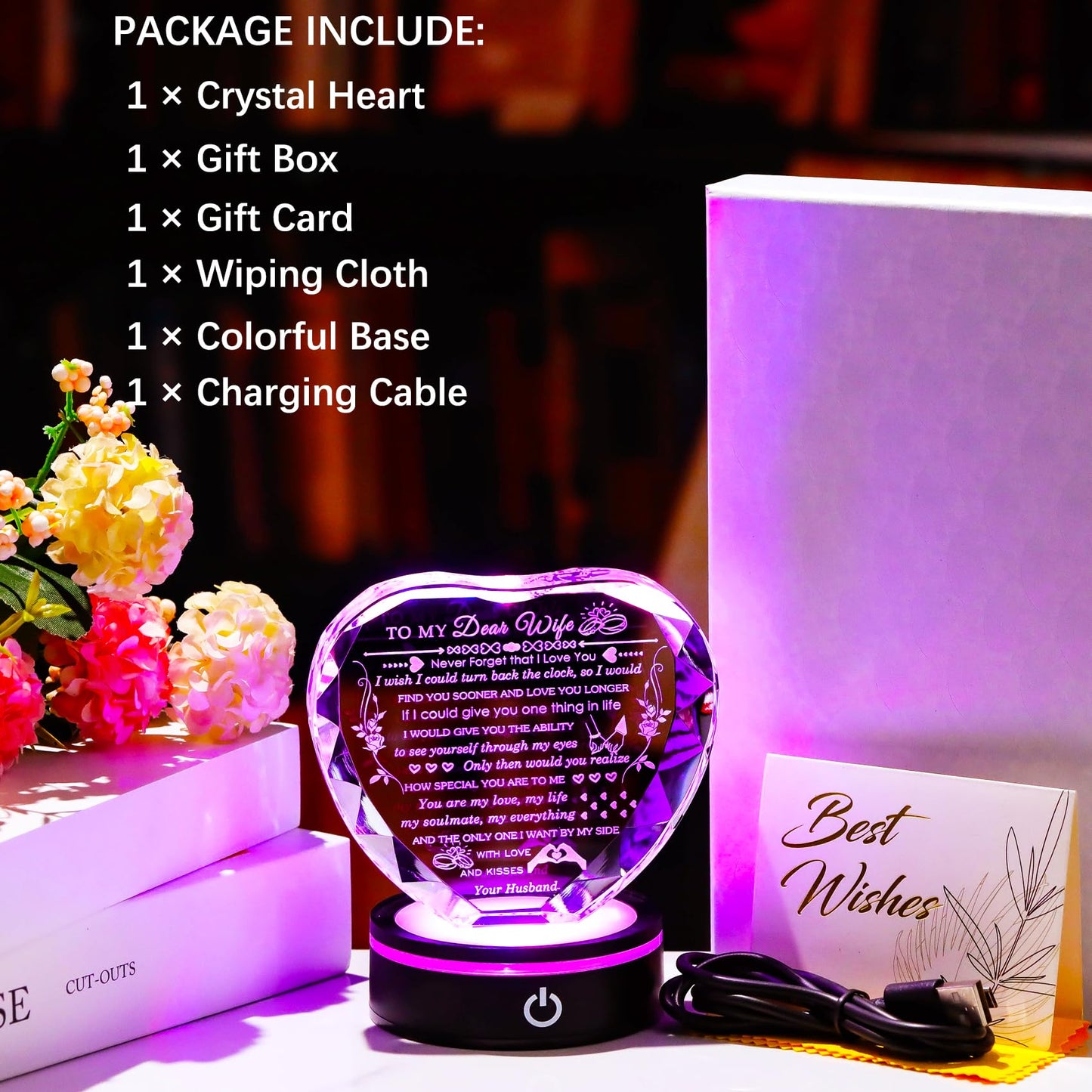 Arikyrist Gifts for Wife with Colorful LED Base Romantic Wife Anniversary Birthday Gift Ideas Crystal Heart to My Wife Gifts from Husband on Valentine's Day Christmas Mother's Day
