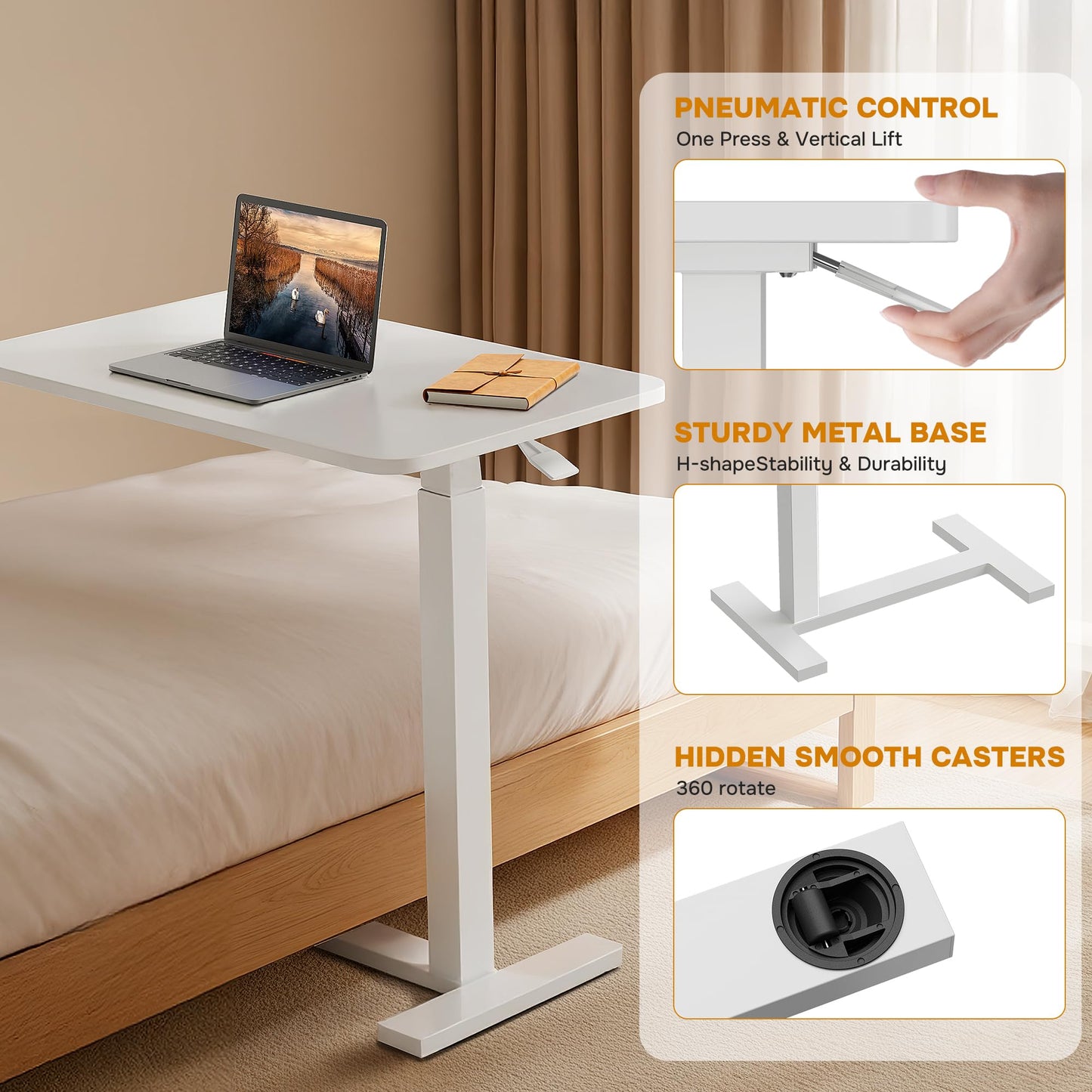 Overbed Bedside Table with Hidden Casters, Adjustable Hospital & Home Use Bed Table, Rolling Laptop Table, Movable Standing Desk, White