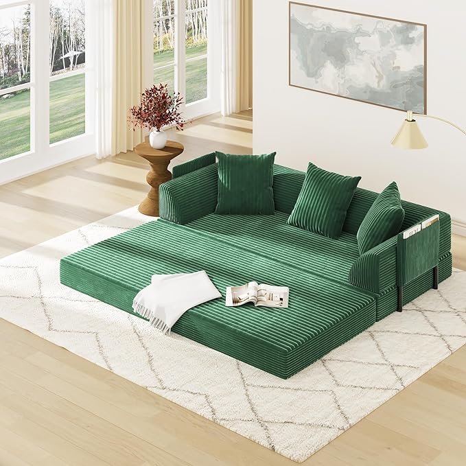 Folding Convertible Sofa Bed with 3 Pillows, 79 " Corduroy Boneless Couch with Armrest Pockets, Lounge Loveseat Sleeper with Pull Out Bed, Memory Foam Compressed Sofa for Living Room Bedroom, Green