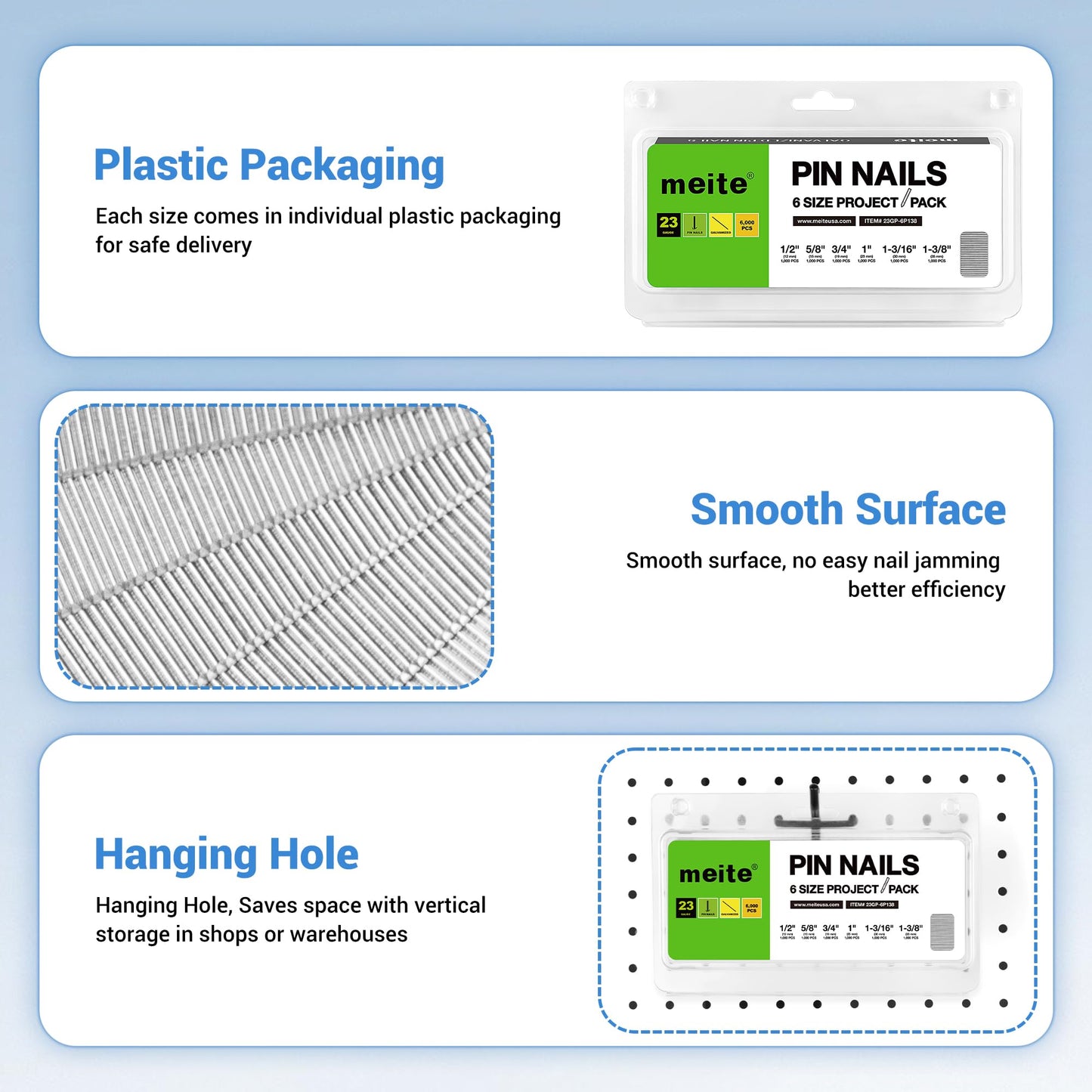meite 23 Gauge Pin Nails, Assorted 6 Sizes (1/2", 5/8", 3/4", 1", 1-3/16", 1-3/8") Micro Headless Piner Nails - Galvanized 23GA Pins Nails for Nail Gun, Ideal for Trim Work (6,000 Counts)