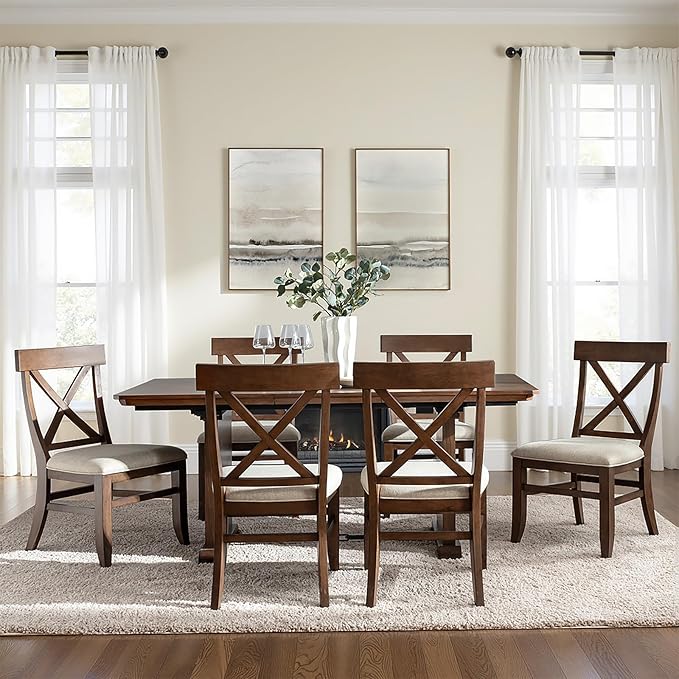 HULALA HOME Solid Wood Dining Chairs Set of 6, Walnut Farmhouse Upholstered Kitchen Dining Room Chair Mid-Century Modern Dinner Chair with Cross Back Wooden Legs for Living Room, Restaurat, Cafe