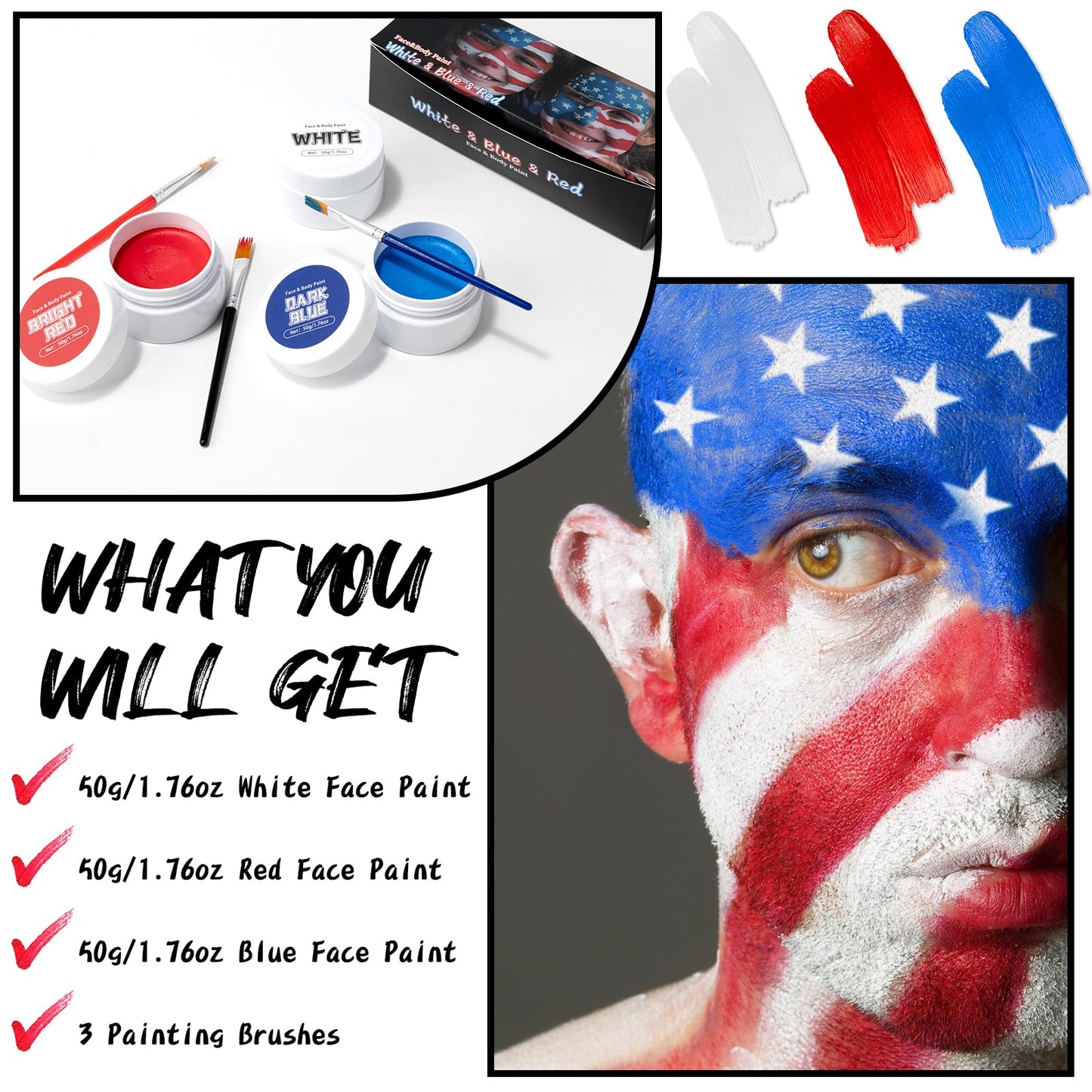 TonJin White Red Blue Face Body Paint Set 5.28oz,Non-Toxic Professional Facepaint Makeup Kit with 3 Brushes for Kids & Adults 4t