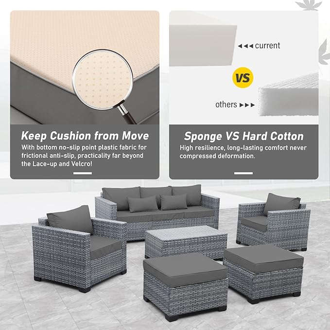Lviden 6 Pieces Wicker Patio Furniture Sets Outdoor Conversation Set HDPE Rattan Sectional Sofa Couch with Storage Table and Grey Cushions