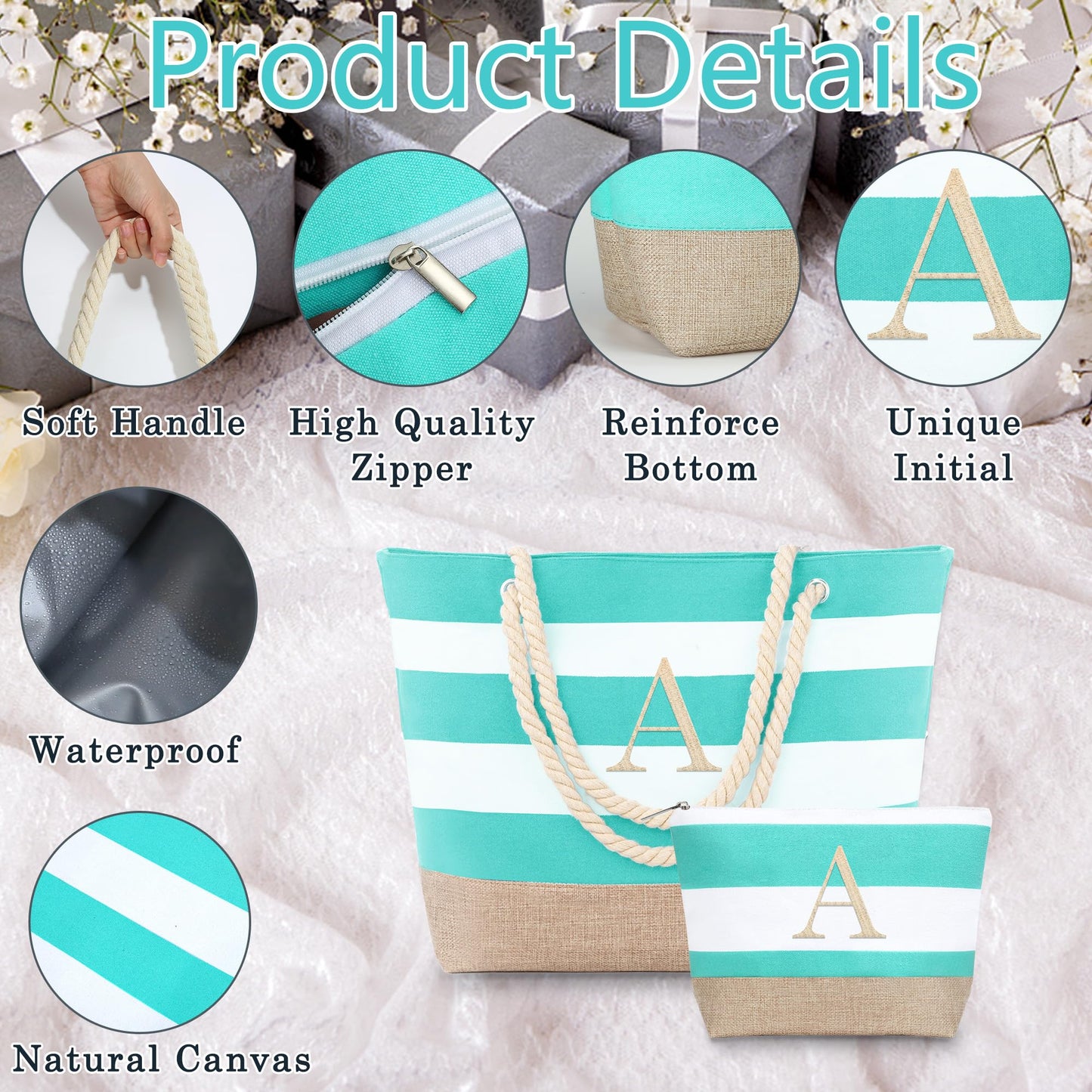YOOLIFE Travel Gifts for Women - Travel Beach Tote Bag Monogram Waterproof Pool Bag, Personalized Birthday Gifts for Women Mom Girlfriend Friend Female Appreciation Gift for Teacher Blue K