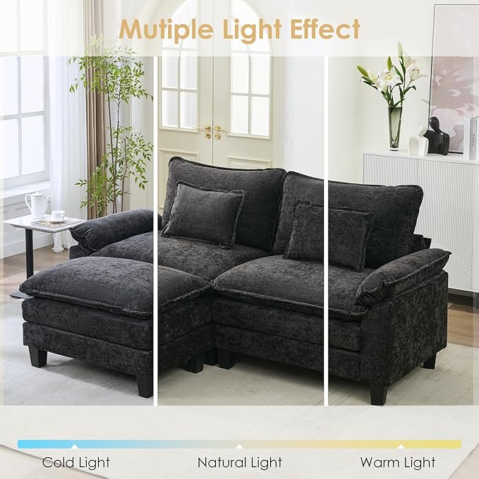 URRED Cloud Couch Modular Sectional Sofa, 87" Modern L Shaped Deep Seat Sofa with Ottoman & Pillows, Ultra Comfy Chenille Couches for Living Room, Bedroom or Apartment, Black