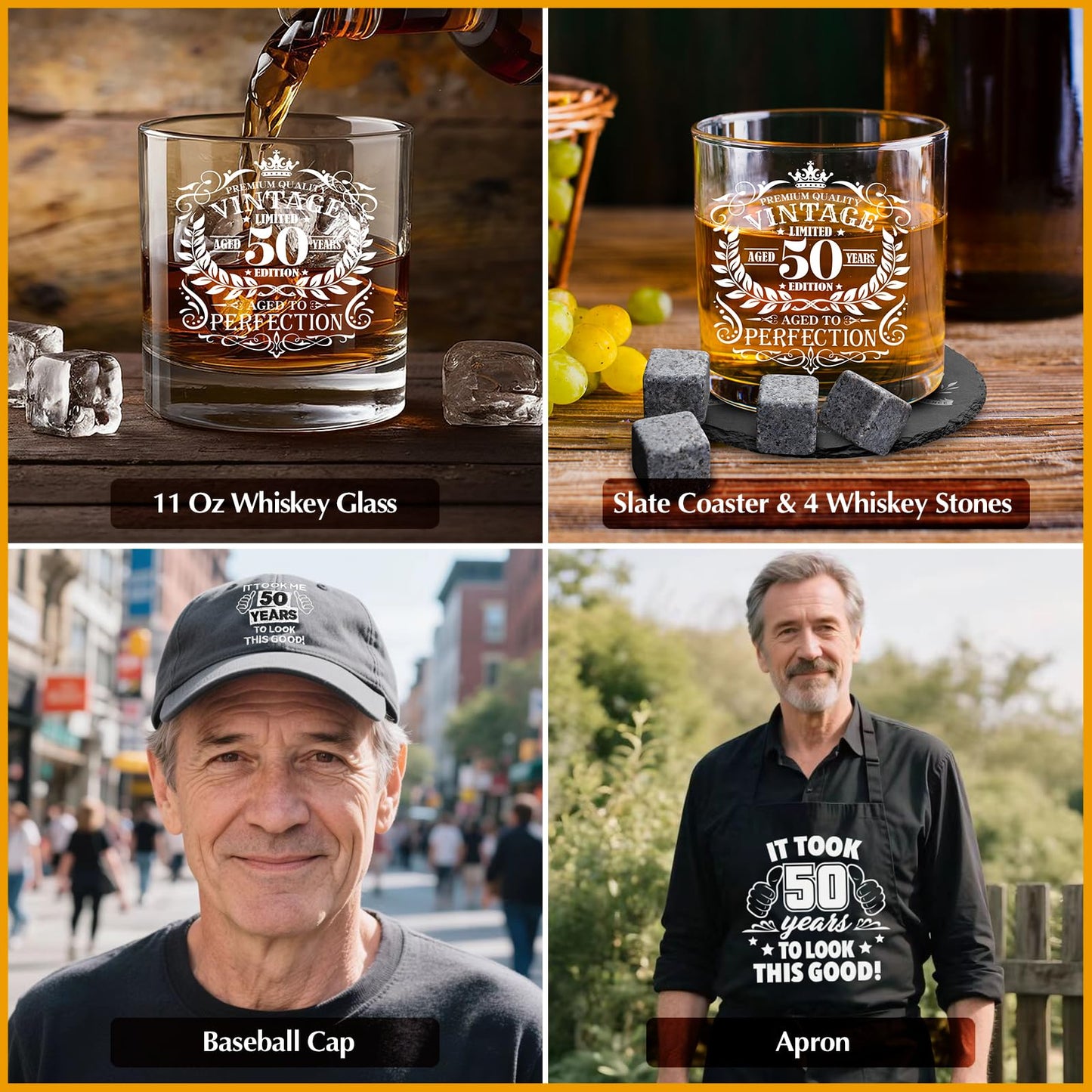 50th Birthday Gifts for Men Whiskey Glass Set, 50th Birthday Party Supplies with 11 Oz Whiskey Glass Coaster Stone Baseball Cap Apron Sock Funny Toliet Paper Keychain for Him, Dad, Husband, Friends
