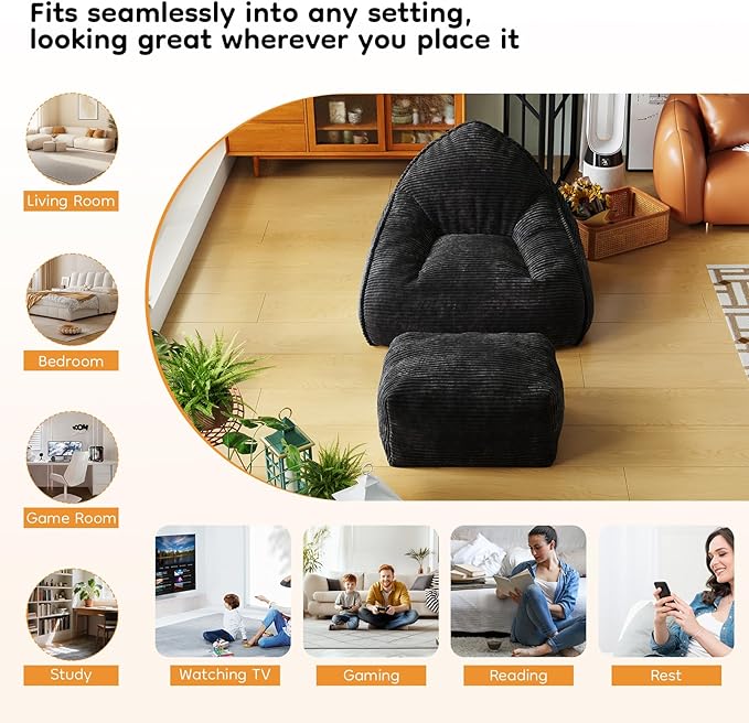 Cloud Large Bean Bag Chair with Ottoman, Corduroy Fabric+35D Memory Foam Big Beanbag Chair for Adults,Lounger Chairs Sofa Boneless Puff Chair for Living Room, Bedroom,Balcony,Playroom (Black)