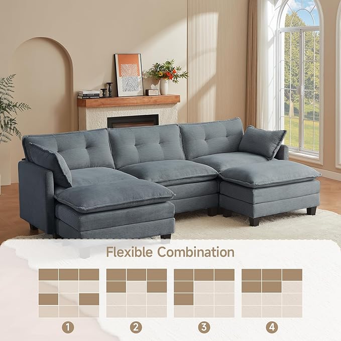 Amsleekey Modular Sectional Sofa, 111.5" U-Shaped Corduroy Comfy Sectional Couches for Living Room, 3-Seater Cloud Couches with 2 Movable Ottomans, Flexible Combination Modern Deep Seat Sofa (Grey)