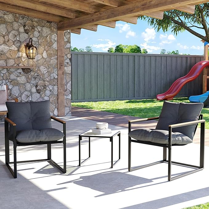 3 Piece Patio Bistro Set, Small Outdoor Furniture with Heat-Resistant Wood Armrests & Breathable Textilene Chairs, Glass Side Table & Thick Cushions for Apartment Balcony, Porch, and Garden (Gray)