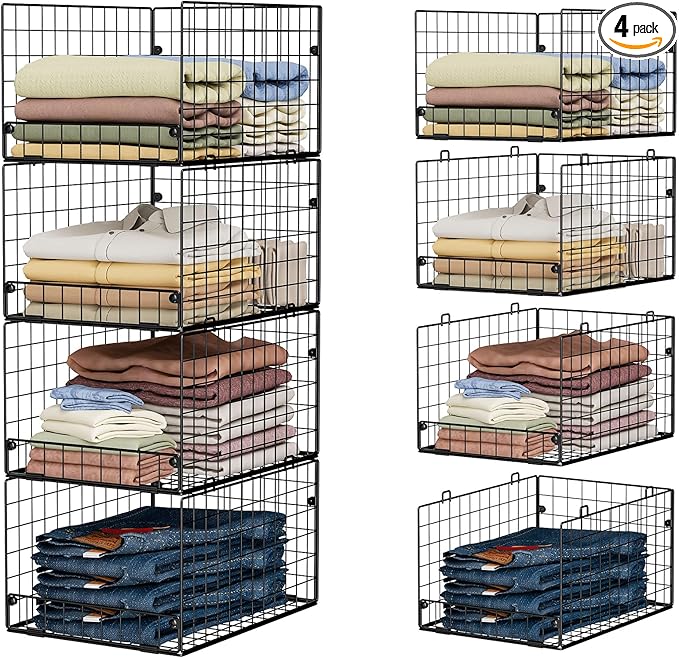 4-Tier Stackable Closet Organizers and Storage Shelves, Foldable Closet Shelf Organizer System, Stackable Storage Bins Drawers for Closet Organizer System, Black(Patent Pending, 15.7"x11.8"x34.64")