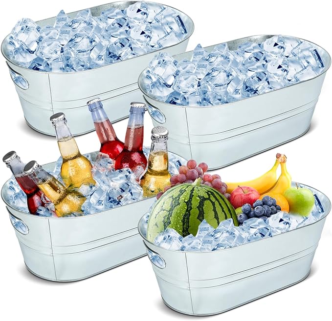 dndsim 4PCS 3 Gallon Galvanized Tub, Beverage Tub, Ice Buckets for Parties With Carry Handles, Drink Buckets for Parties, ...
